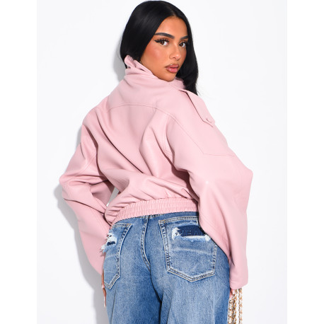 Oversized-Jacke aus genarbtem Kunstleder mit Stehkragen