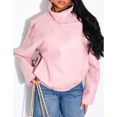 Oversized-Jacke aus genarbtem Kunstleder mit Stehkragen