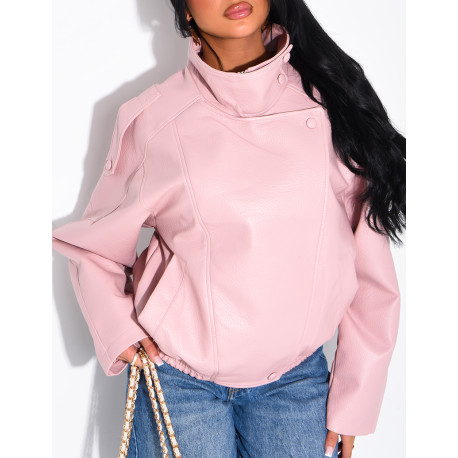 Oversized-Jacke aus genarbtem Kunstleder mit Stehkragen