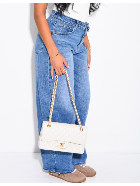 Jeans barrel bleu délavé à revers à la taille