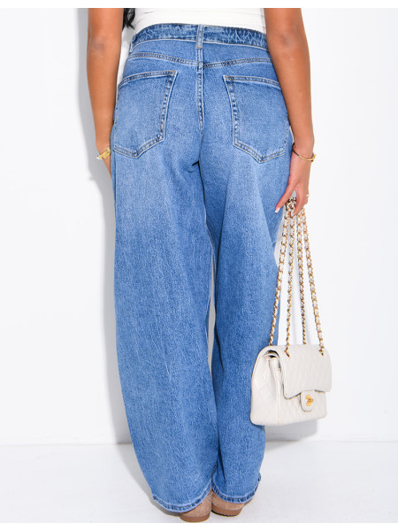 Jeans barrel bleu délavé à revers à la taille