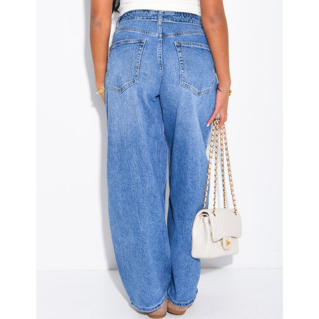 Jeans barrel bleu délavé à revers à la taille