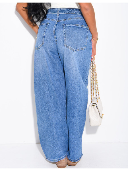 Jeans barrel bleu délavé à revers à la taille