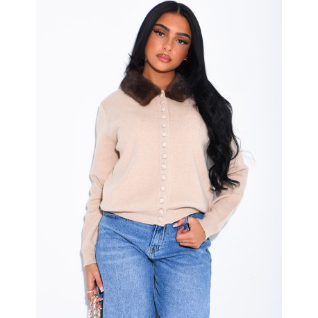Long-sleeved button-up jumper with faux fur collar