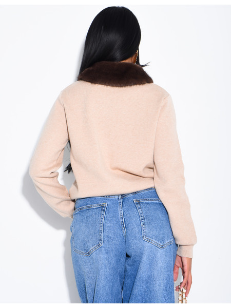 Long-sleeved button-up jumper with faux fur collar