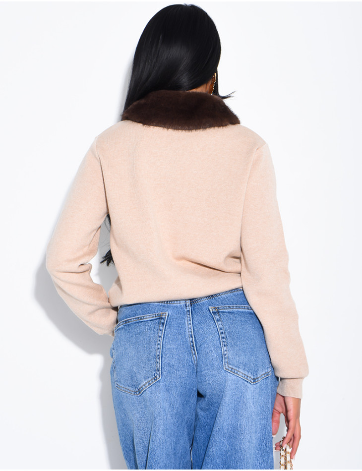 Long-sleeved button-up jumper with faux fur collar