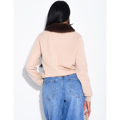 Long-sleeved button-up jumper with faux fur collar