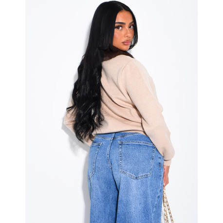 Long-sleeved button-up jumper with faux fur collar