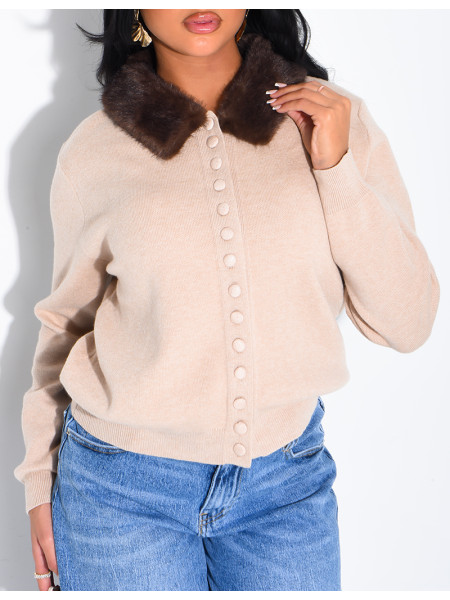 Long-sleeved button-up jumper with faux fur collar