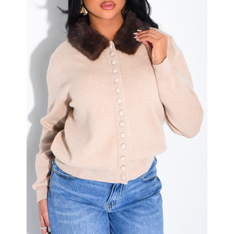 Long-sleeved button-up jumper with faux fur collar
