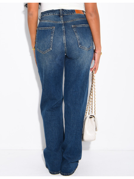 Jeans coupe droite taille haute délavé