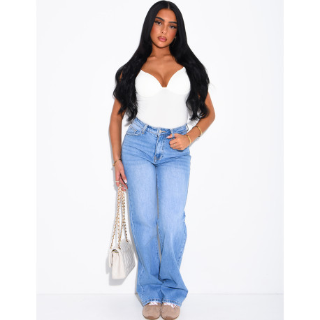 Jeans coupe droite taille haute délavé