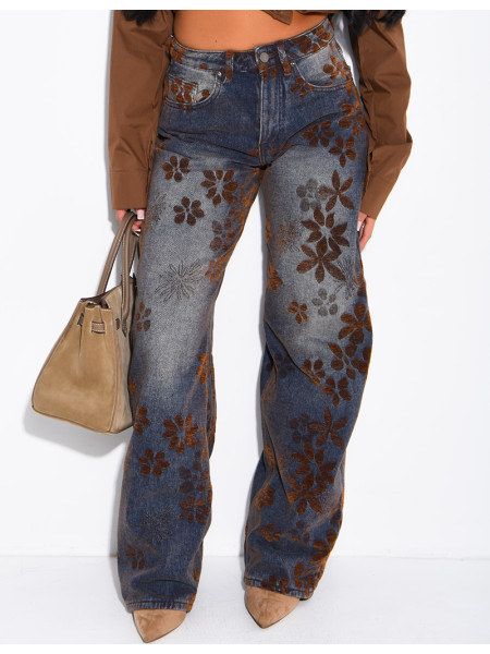 Faded balloon-cut jeans with embroidered velvet floral motifs