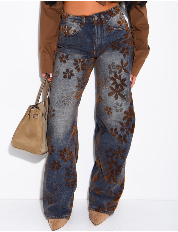 Faded balloon-cut jeans with embroidered velvet floral motifs