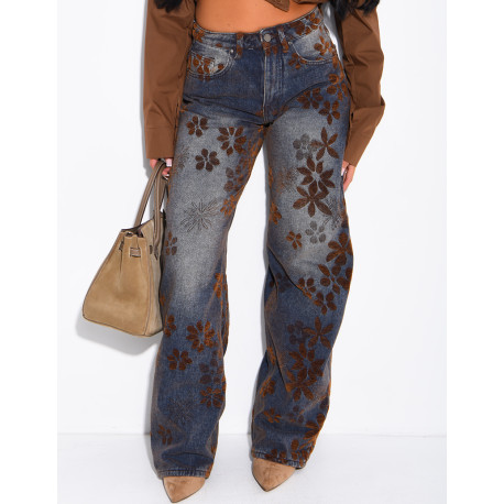Faded balloon-cut jeans with embroidered velvet floral motifs