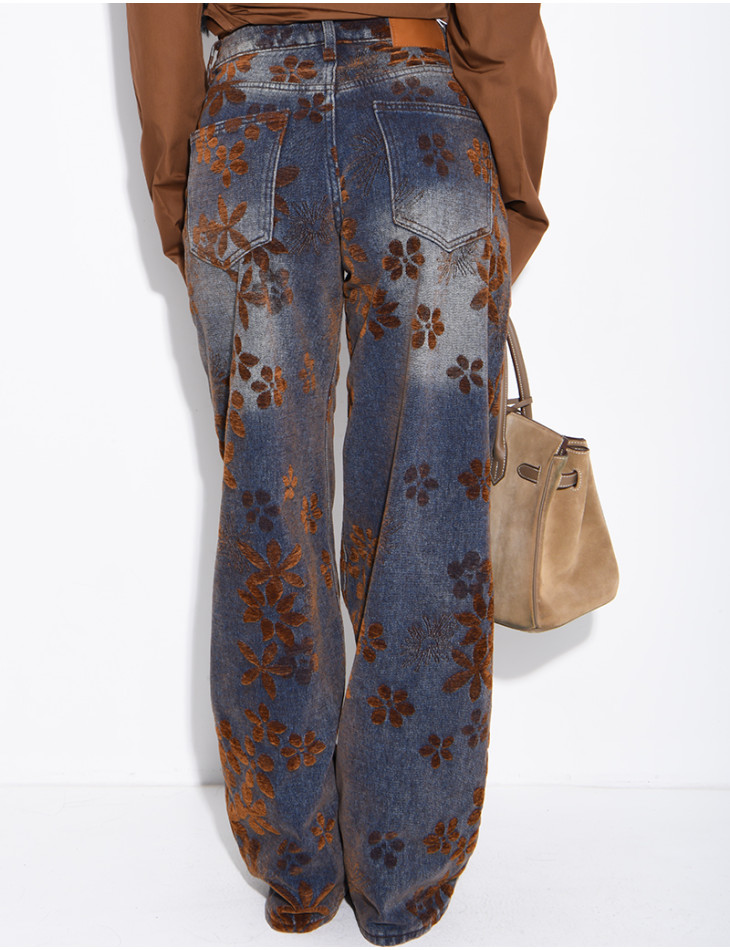 Faded balloon-cut jeans with embroidered velvet floral motifs