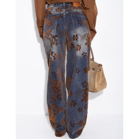Faded balloon-cut jeans with embroidered velvet floral motifs