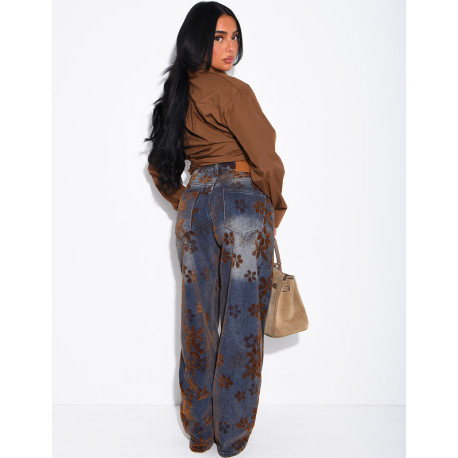 Faded balloon-cut jeans with embroidered velvet floral motifs