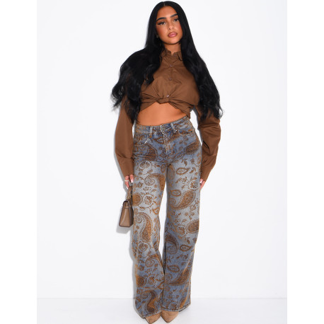 Faded wide-leg jeans with embroidered velvet motifs