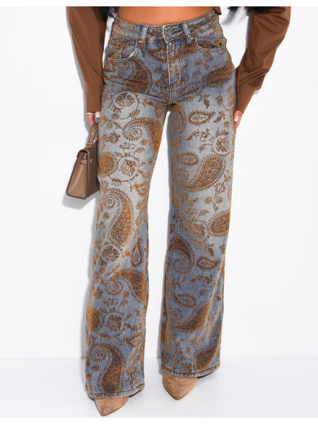 Faded wide-leg jeans with embroidered velvet motifs
