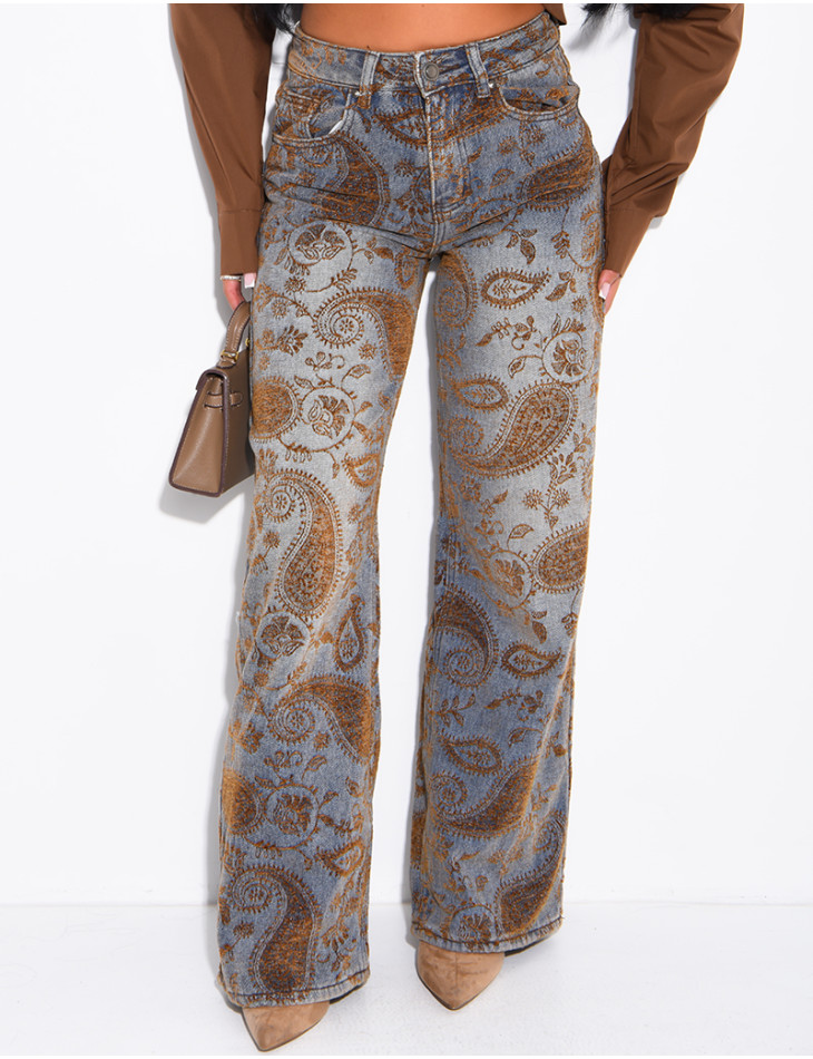 Faded wide-leg jeans with embroidered velvet motifs