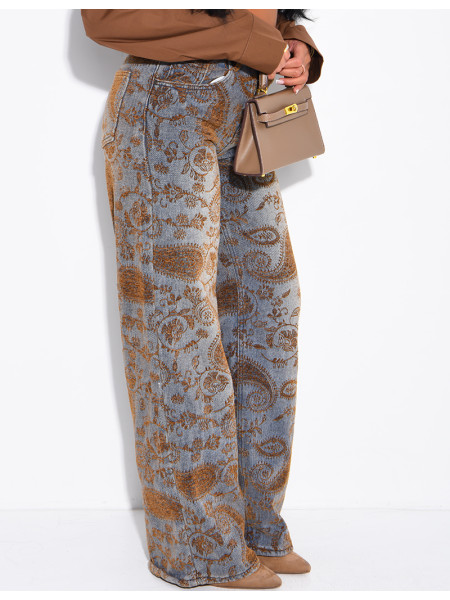 Faded wide-leg jeans with embroidered velvet motifs