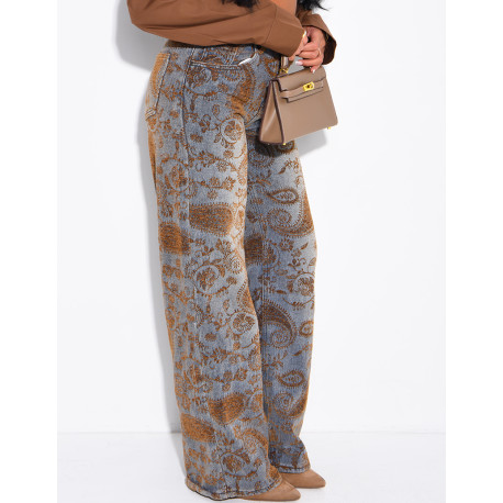 Faded wide-leg jeans with embroidered velvet motifs