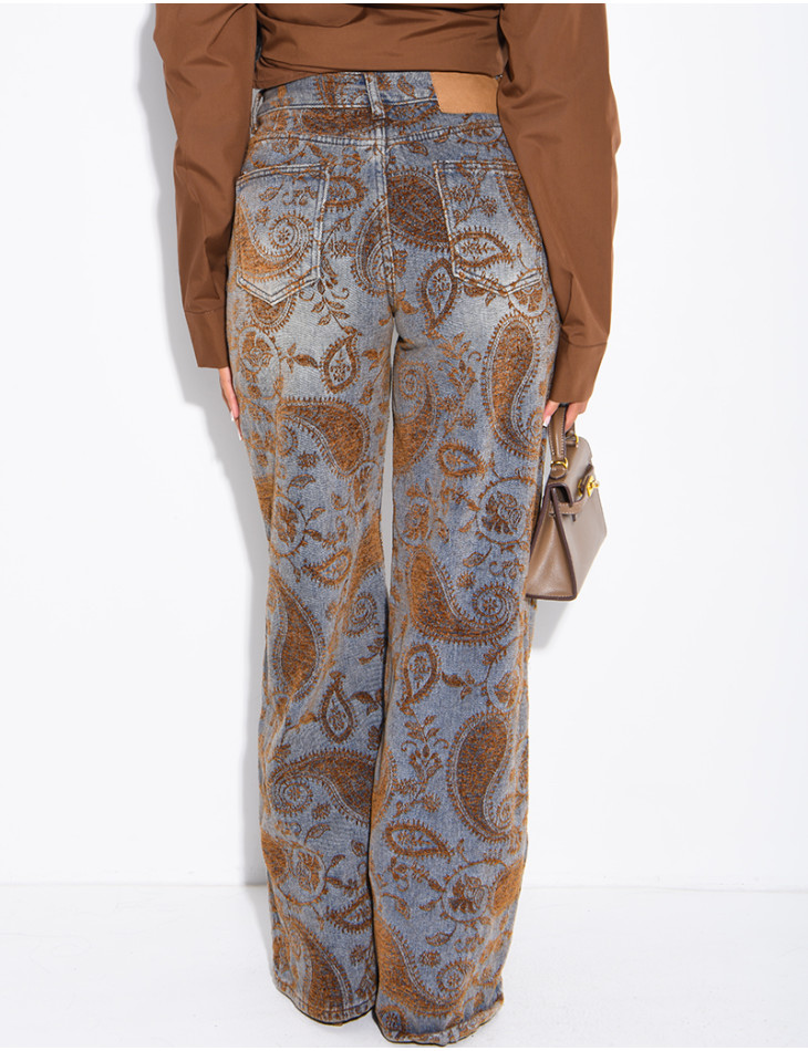 Faded wide-leg jeans with embroidered velvet motifs