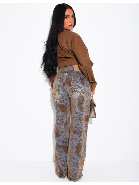 Faded wide-leg jeans with embroidered velvet motifs