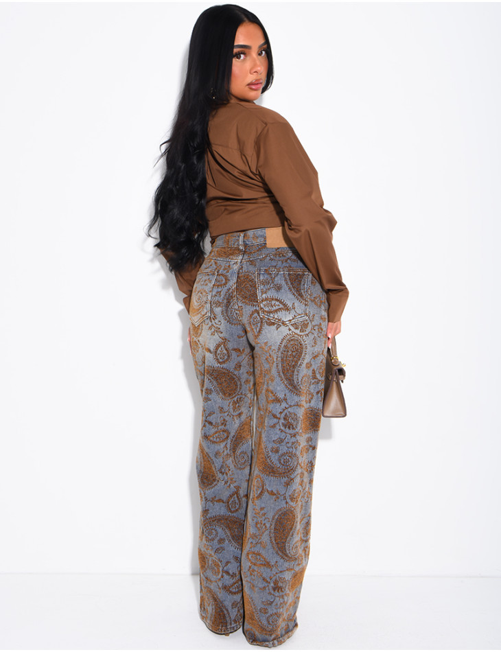 Faded wide-leg jeans with embroidered velvet motifs