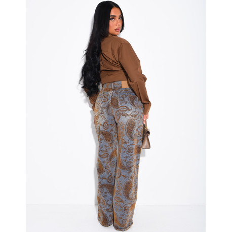 Faded wide-leg jeans with embroidered velvet motifs