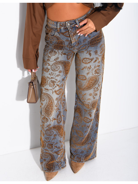 Faded wide-leg jeans with embroidered velvet motifs