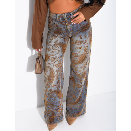 Faded wide-leg jeans with embroidered velvet motifs