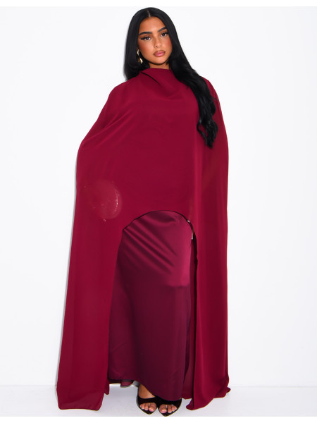 Long satin tie-front dress with integrated cape