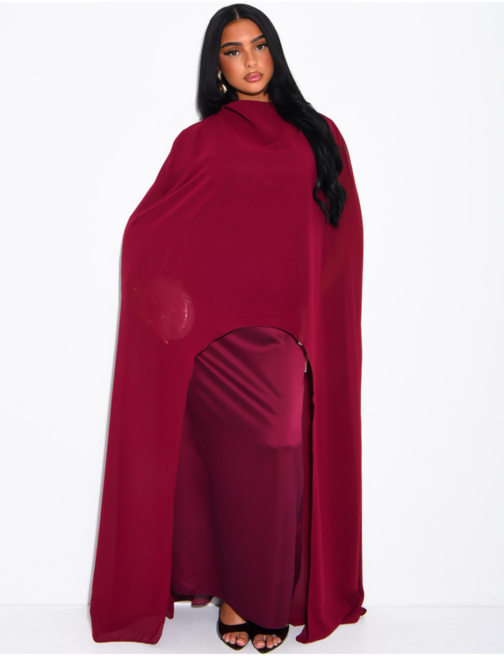 Long satin tie-front dress with integrated cape