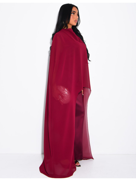 Long satin tie-front dress with integrated cape