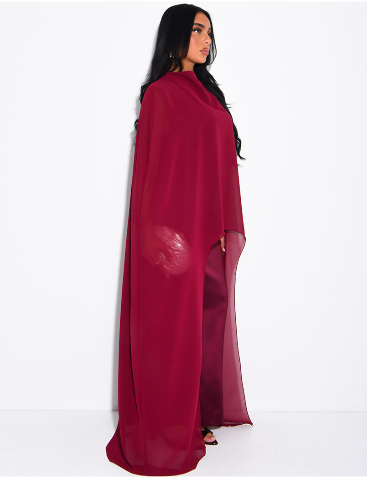 Long satin tie-front dress with integrated cape