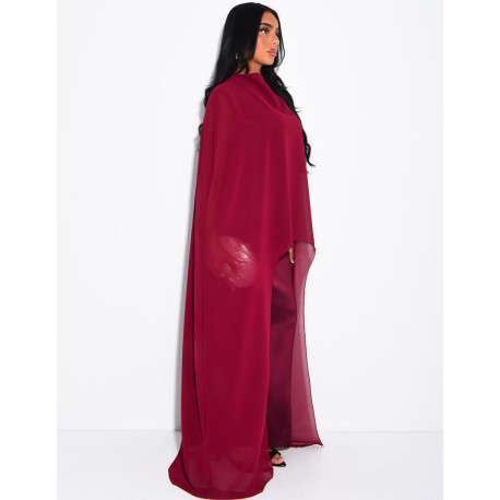 Long satin tie-front dress with integrated cape