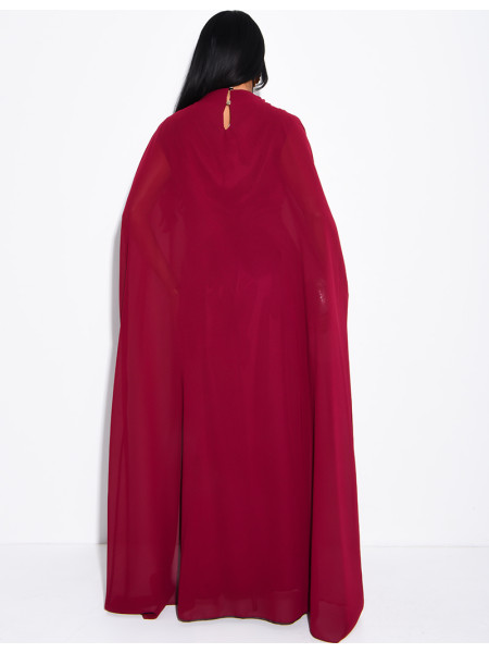 Long satin tie-front dress with integrated cape