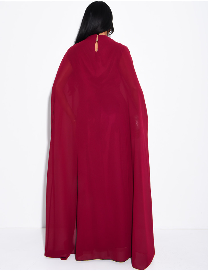 Long satin tie-front dress with integrated cape