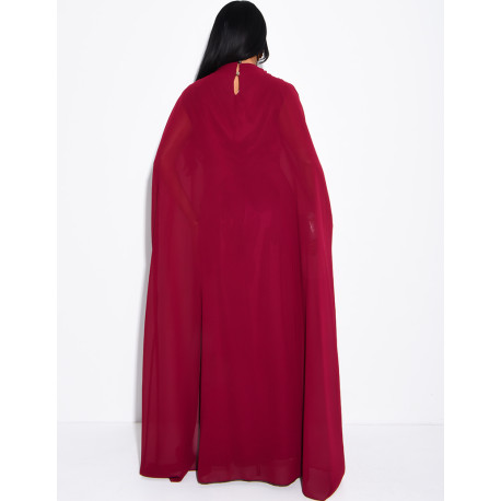 Long satin tie-front dress with integrated cape