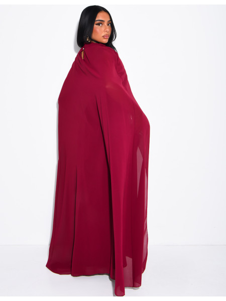 Long satin tie-front dress with integrated cape