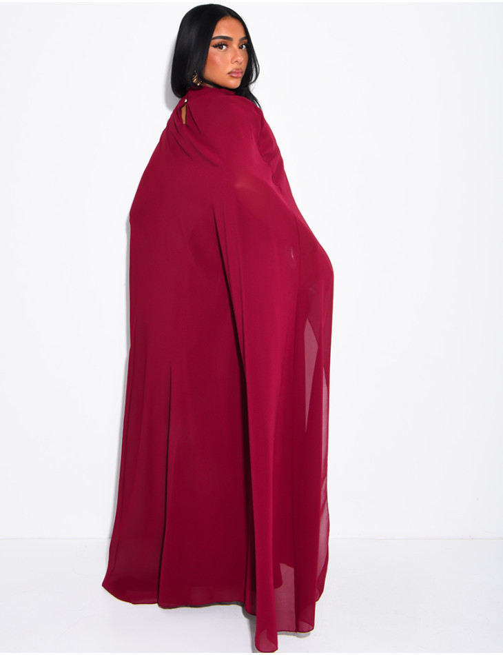 Long satin tie-front dress with integrated cape