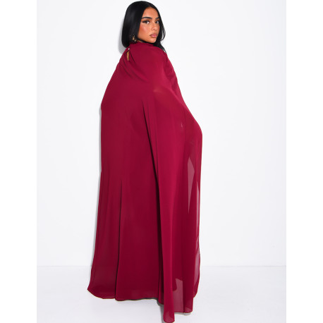 Long satin tie-front dress with integrated cape