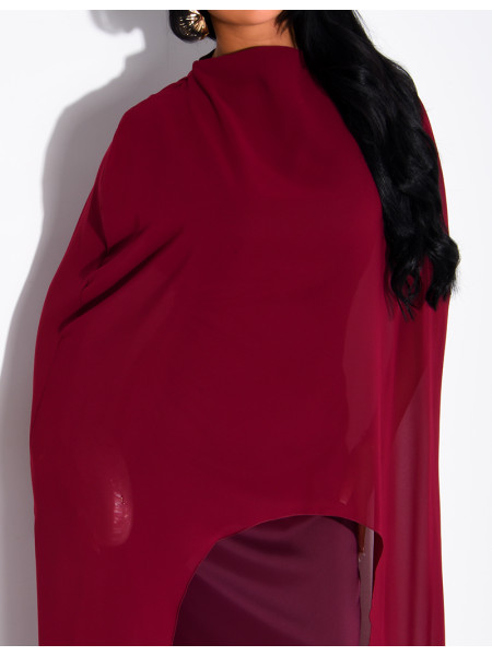 Long satin tie-front dress with integrated cape