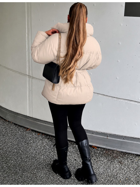 Mid-length quilted puffer jacket with tie belt