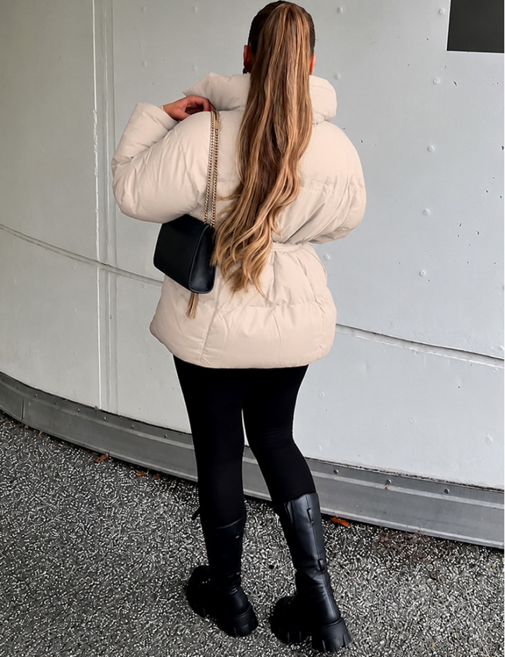 Mid-length quilted puffer jacket with tie belt