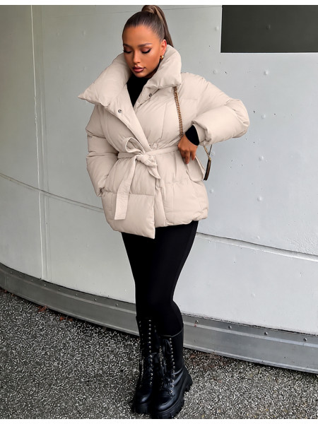Mid-length quilted puffer jacket with tie belt