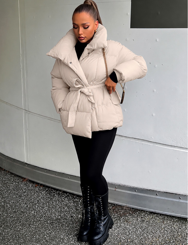 Mid-length quilted puffer jacket with tie belt