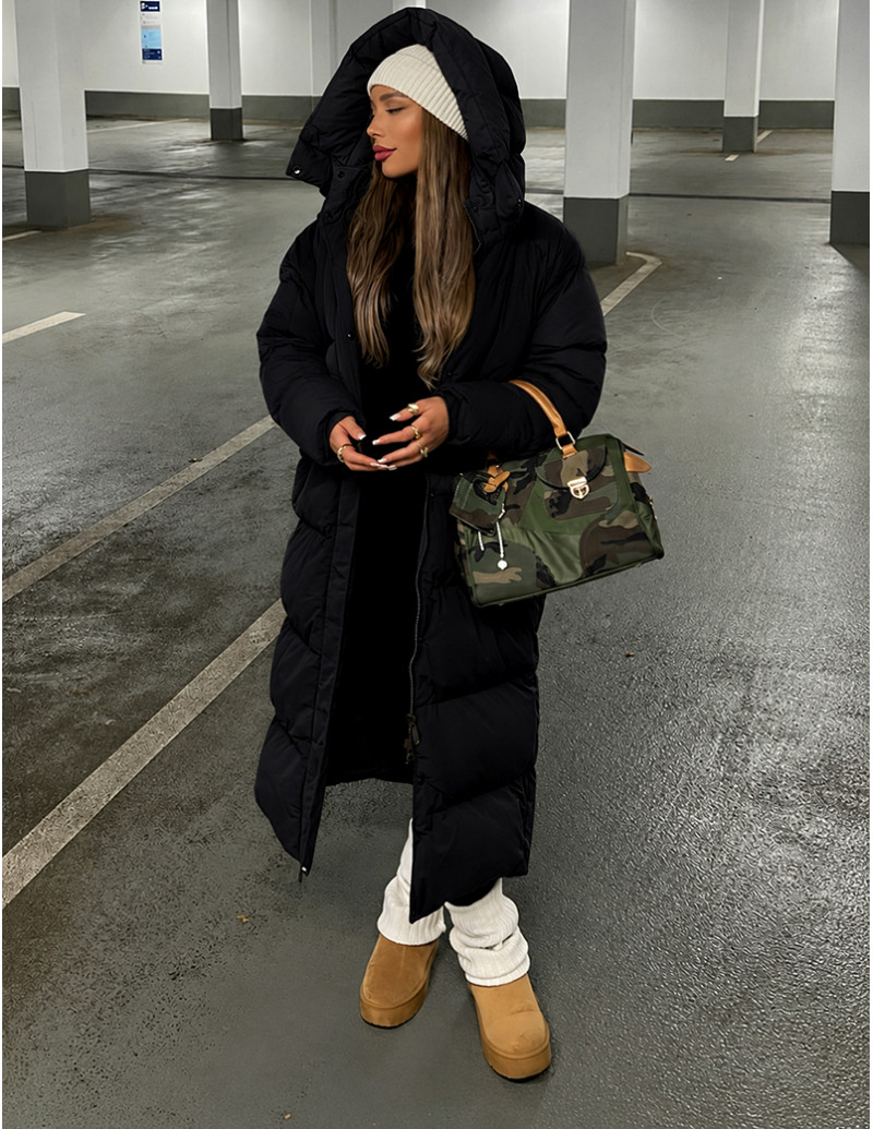 Lange Daunenjacke mit Kapuze